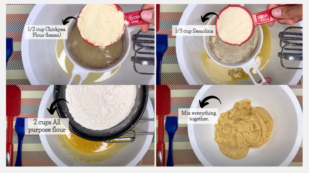Add semolina, chickpea flour, all purpose flour in naan khatai and mix.