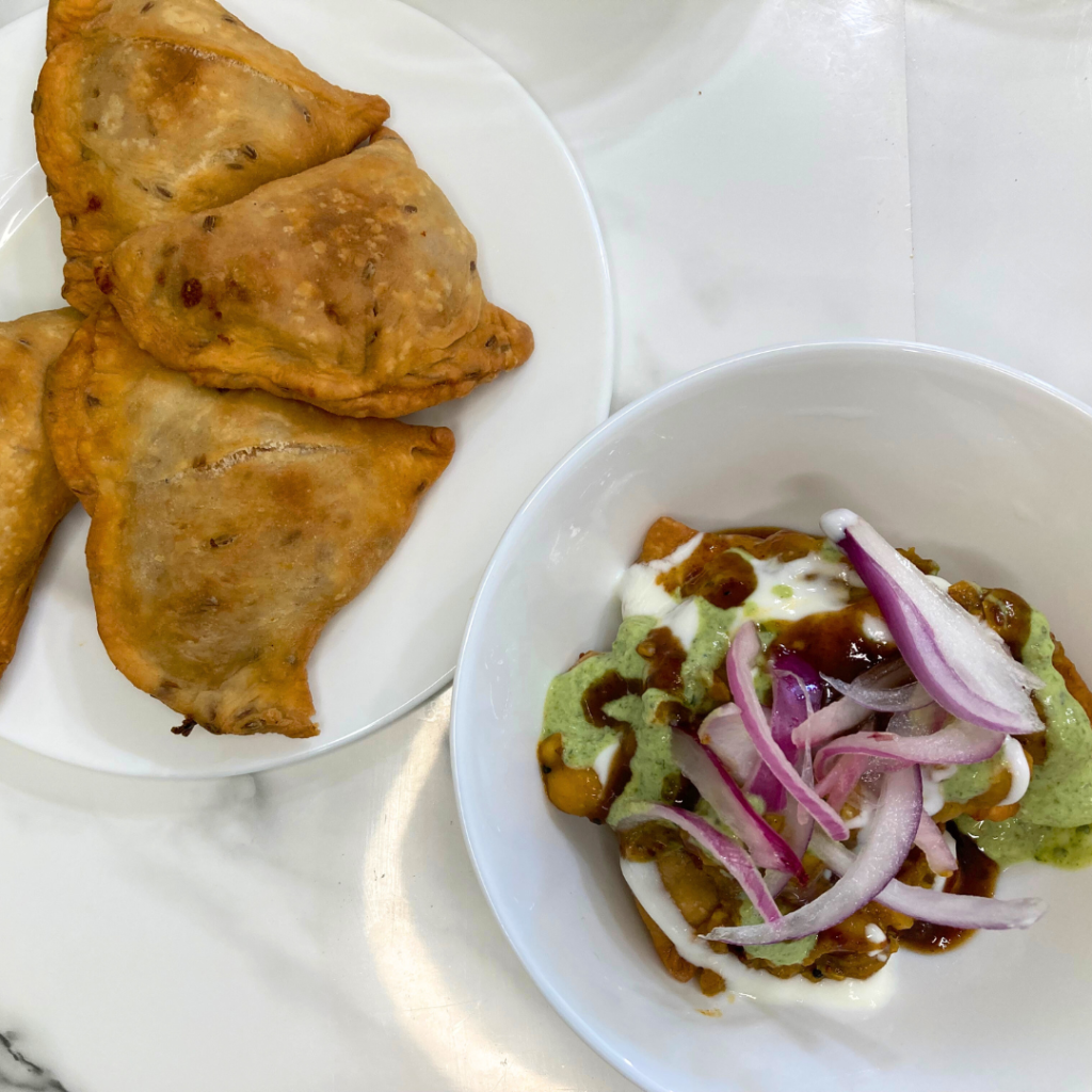 assembling the samosa chaat
