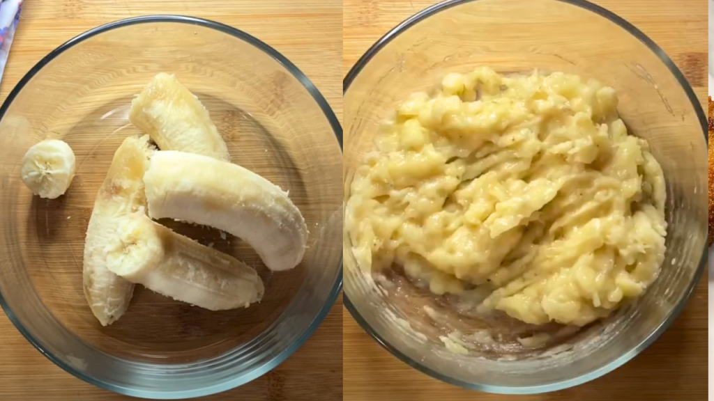 riped bananas and mashed bananas for moist chocolate chip bread